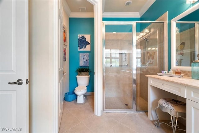 3051 Hudson Ter, Naples, FL 34119 - bathroom featuring ornamental molding, a shower stall, vanity, and tile patterned floors