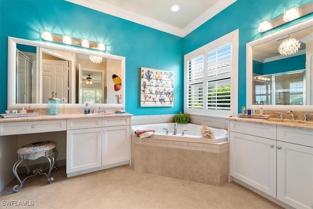 3051 Hudson Ter, Naples, FL 34119 - bathroom featuring ornamental molding, a stall shower, two vanities, tile patterned flooring, and a garden tub