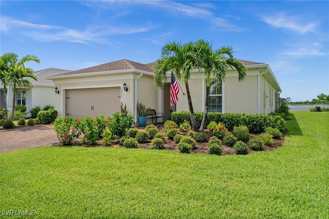 42243 Edgewater Dr, Punta Gorda, FL 33982 - view of front of home with stucco siding, an attached garage, a front lawn, and decorative driveway