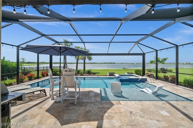 42243 Edgewater Dr, Punta Gorda, FL 33982 - view of pool with a water view, a patio, a lanai, and a pool with connected hot tub