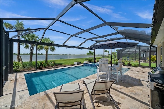 42243 Edgewater Dr, Punta Gorda, FL 33982 - view of pool with a water view, a pool with connected hot tub, a patio, grilling area, and glass enclosure