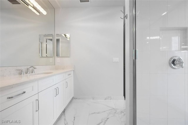 4692 Kensington Cir, Naples, FL 34119 - bathroom featuring vanity, marble look tiles, and a shower stall