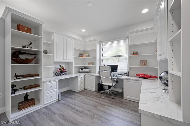 4692 Kensington Cir, Naples, FL 34119 - office with built in desk, light wood-style floors, and recessed lighting