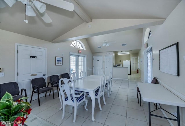 8441 N Haven Ln Unit B, Fort Myers, FL 33919 - dining space with ceiling fan, beam ceiling, light tile patterned flooring, french doors, and high vaulted ceiling