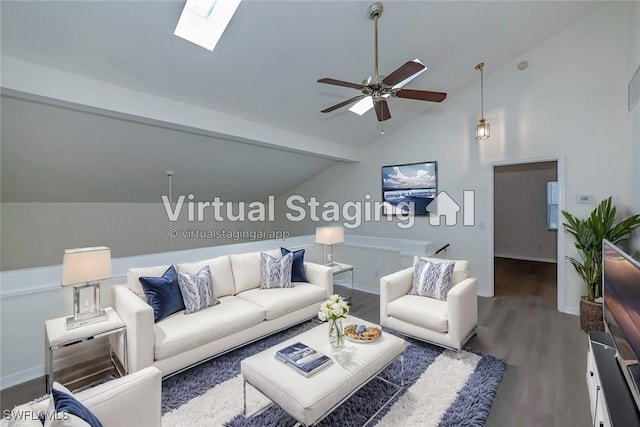 8441 N Haven Ln Unit B, Fort Myers, FL 33919 - living room with lofted ceiling, ceiling fan, wood finished floors, and a skylight
