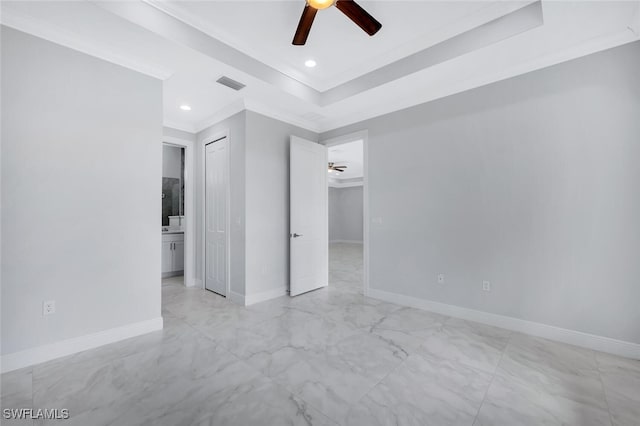 4447 26th Ave SE, Naples, FL 34117 - unfurnished bedroom featuring ornamental molding, light marble finish flooring, recessed lighting, and ceiling fan