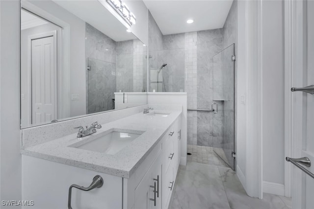 4447 26th Ave SE, Naples, FL 34117 - bathroom with marble finish floors, a stall shower, double vanity, and recessed lighting