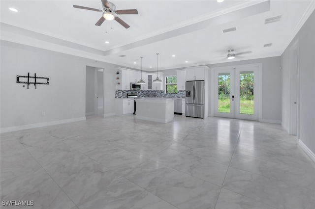 4447 26th Ave SE, Naples, FL 34117 - unfurnished living room with a ceiling fan, french doors, ornamental molding, recessed lighting, and light marble finish flooring