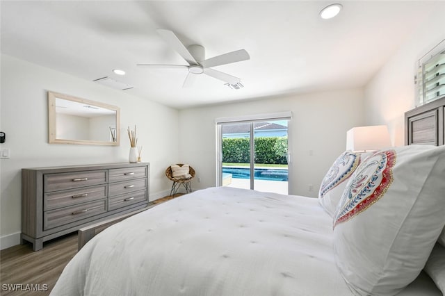 646 Park Shore Dr, Naples, FL 34103 - bedroom featuring access to exterior, wood finished floors, recessed lighting, and a ceiling fan