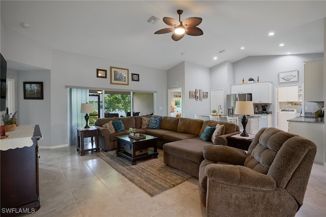 2804 NW 6th St, Cape Coral, FL 33993 - living room featuring a ceiling fan, washer / clothes dryer, high vaulted ceiling, recessed lighting, and light tile patterned floors