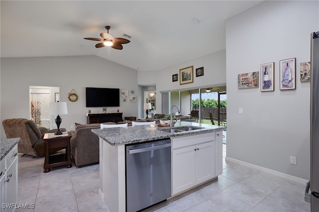 2804 NW 6th St, Cape Coral, FL 33993 - kitchen featuring dishwasher, ceiling fan, light stone counters, open floor plan, and light tile patterned floors