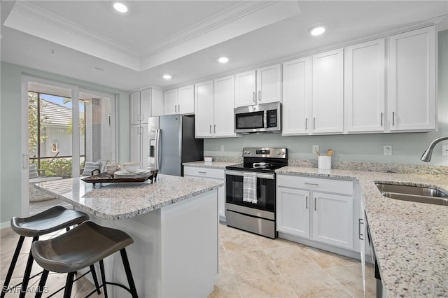 14040 Heritage Landing Blvd Unit 115, Punta Gorda, FL 33955 - kitchen with appliances with stainless steel finishes, ornamental molding, recessed lighting, a raised ceiling, and white cabinetry