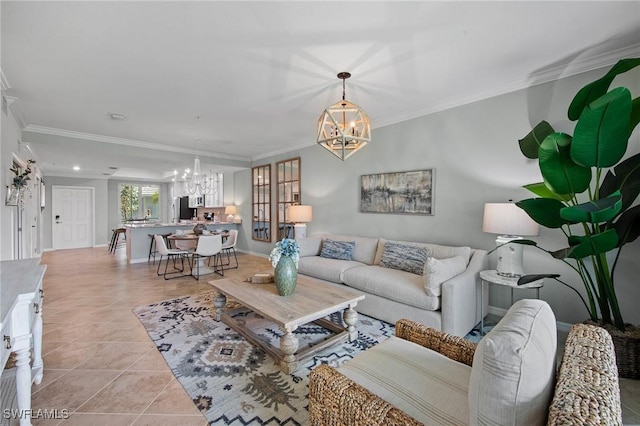 14040 Heritage Landing Blvd Unit 115, Punta Gorda, FL 33955 - living room featuring a chandelier, ornamental molding, light tile patterned floors, and recessed lighting