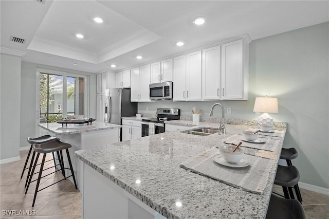 14040 Heritage Landing Blvd Unit 115, Punta Gorda, FL 33955 - kitchen with stainless steel appliances, ornamental molding, a raised ceiling, a breakfast bar area, and a kitchen island