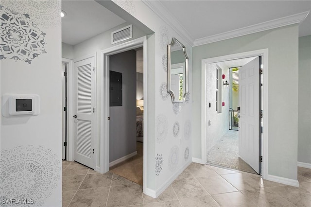 14040 Heritage Landing Blvd Unit 115, Punta Gorda, FL 33955 - hall with electric panel, light tile patterned floors, and crown molding