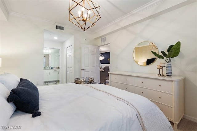 14040 Heritage Landing Blvd Unit 124, Punta Gorda, FL 33955 - bedroom featuring crown molding, a chandelier, connected bathroom, and carpet floors