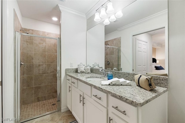 14040 Heritage Landing Blvd Unit 124, Punta Gorda, FL 33955 - full bath featuring vanity, a shower stall, crown molding, and tile patterned flooring