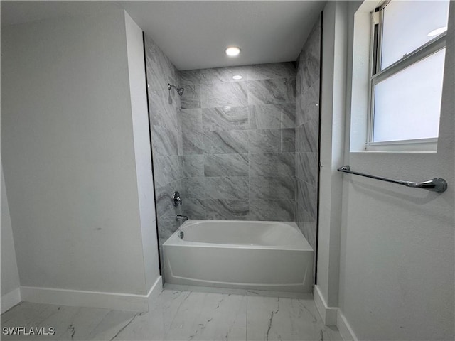2902 27th St SW, Lehigh Acres, FL 33976 - full bath with marble look tile flooring, shower / washtub combination, and recessed lighting