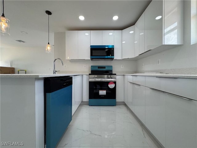 2902 27th St SW, Lehigh Acres, FL 33976 - kitchen with black microwave, stainless steel electric range, dishwasher, modern cabinets, and light marble finish flooring
