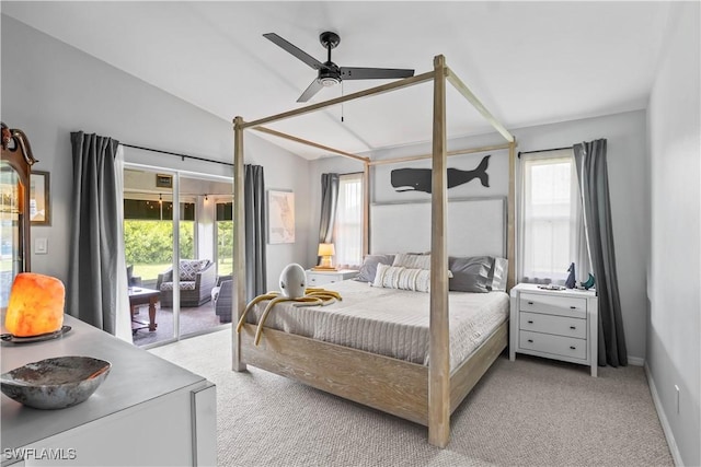 22 NW 14th Ave, Cape Coral, FL 33993 - bedroom with access to exterior, light carpet, lofted ceiling, and a ceiling fan