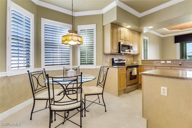713 Regency Reserve Cir Unit 5903, Naples, FL 34119 - kitchen featuring stainless steel appliances, light tile patterned flooring, light brown cabinetry, backsplash, and crown molding