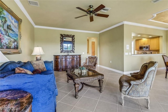 713 Regency Reserve Cir Unit 5903, Naples, FL 34119 - living room featuring ornamental molding, a ceiling fan, and tile patterned flooring
