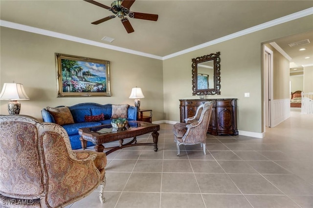 713 Regency Reserve Cir Unit 5903, Naples, FL 34119 - tiled living room featuring a ceiling fan and ornamental molding