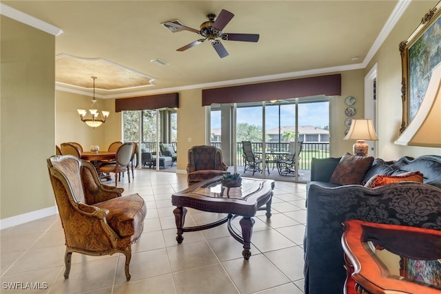 713 Regency Reserve Cir Unit 5903, Naples, FL 34119 - tiled living area featuring a chandelier, ceiling fan, and ornamental molding