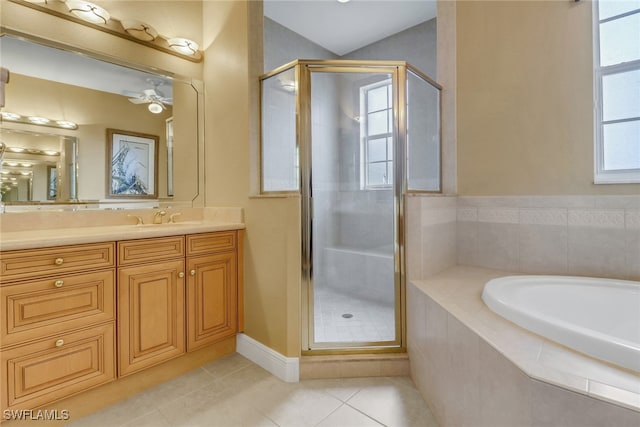 713 Regency Reserve Cir Unit 5903, Naples, FL 34119 - full bathroom featuring tile patterned flooring, vanity, a bath, a shower stall, and ceiling fan