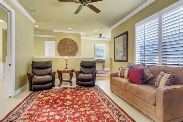 713 Regency Reserve Cir Unit 5903, Naples, FL 34119 - living area featuring ceiling fan, light tile patterned floors, ornamental molding, healthy amount of natural light, and recessed lighting