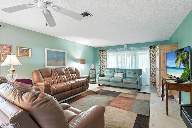 79 Glades Blvd Unit 1623, Naples, FL 34112 - living room with a textured ceiling, a ceiling fan, and light tile patterned floors