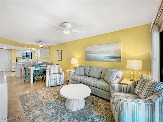 4770 Estero Blvd Unit 203, Fort Myers Beach, FL 33931 - living area with ceiling fan and light tile patterned floors