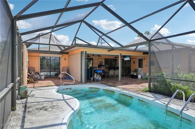 3805 SE 10th Ave, Cape Coral, FL 33904 - outdoor pool featuring a patio area, a ceiling fan, and a lanai