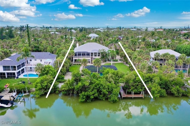 6120 Henderson Rd, Sanibel, FL 33957 - view from above of property with a large body of water and a tree filled landscape