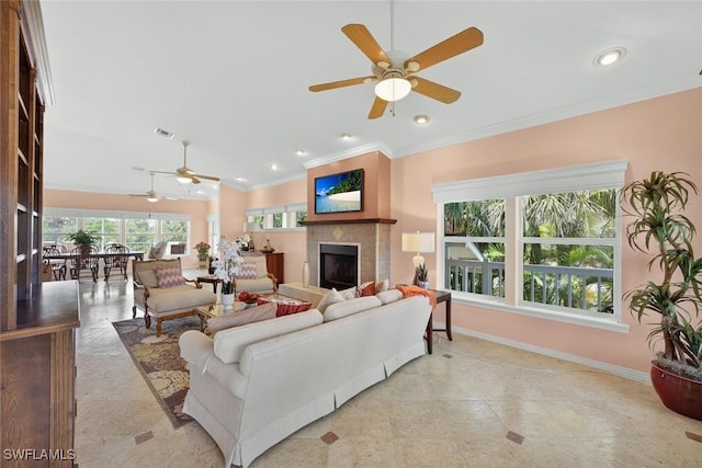 6120 Henderson Rd, Sanibel, FL 33957 - living area featuring a ceiling fan, crown molding, a fireplace, and recessed lighting