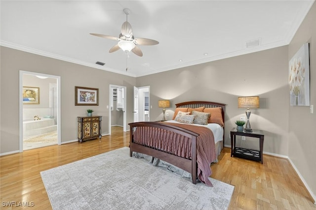 6120 Henderson Rd, Sanibel, FL 33957 - bedroom featuring light wood-type flooring, ornamental molding, connected bathroom, and a ceiling fan