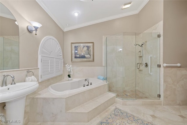6120 Henderson Rd, Sanibel, FL 33957 - bathroom featuring crown molding, a garden tub, tile walls, and a shower stall