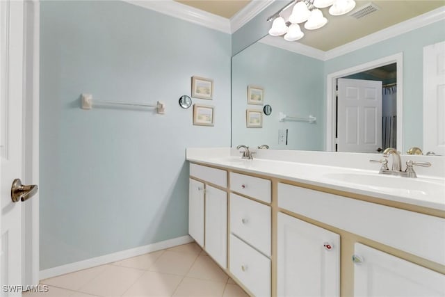5730 Lago Villaggio Way, Naples, FL 34104 - bathroom with crown molding, a chandelier, double vanity, and tile patterned flooring