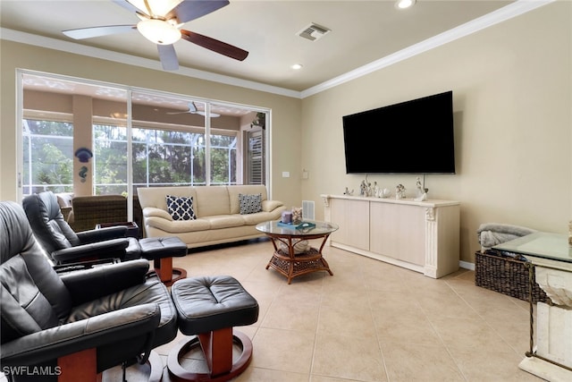 5730 Lago Villaggio Way, Naples, FL 34104 - living room featuring light tile patterned flooring, a ceiling fan, ornamental molding, and recessed lighting