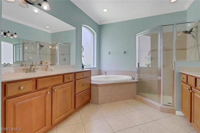 5730 Lago Villaggio Way, Naples, FL 34104 - full bathroom with vanity, a shower stall, a garden tub, tile patterned flooring, and ornamental molding