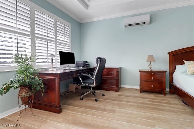 5730 Lago Villaggio Way, Naples, FL 34104 - office area with an AC wall unit, crown molding, and light wood-type flooring