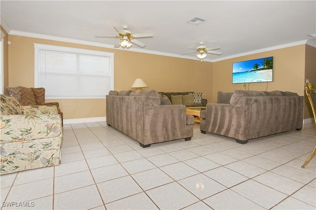 770 93rd Ave N, Naples, FL 34108 - living room featuring ornamental molding, light tile patterned floors, and a ceiling fan