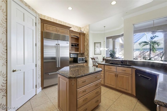 14581 Headwater Bay Ln, Fort Myers, FL 33908 - kitchen featuring stainless steel appliances, light tile patterned flooring, a kitchen island, open shelves, and crown molding