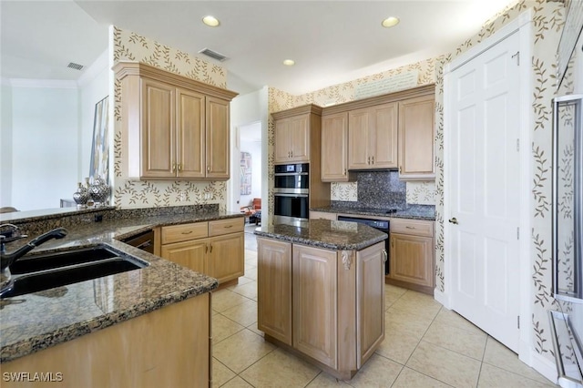 14581 Headwater Bay Ln, Fort Myers, FL 33908 - kitchen featuring double oven, dishwashing machine, dark stone countertops, a kitchen island, and backsplash