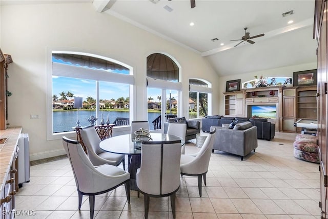 14581 Headwater Bay Ln, Fort Myers, FL 33908 - dining area featuring a ceiling fan, lofted ceiling, light tile patterned flooring, and recessed lighting
