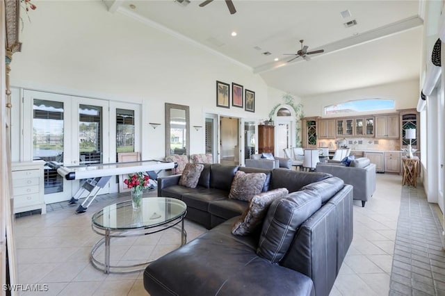 14581 Headwater Bay Ln, Fort Myers, FL 33908 - living area featuring a ceiling fan, light tile patterned floors, high vaulted ceiling, french doors, and recessed lighting