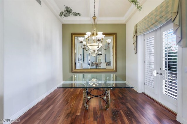 14581 Headwater Bay Ln, Fort Myers, FL 33908 - dining room featuring wood finished floors, a chandelier, french doors, and crown molding