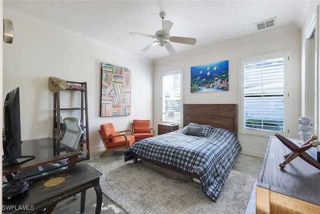 14581 Headwater Bay Ln, Fort Myers, FL 33908 - bedroom featuring concrete flooring, a ceiling fan, and crown molding