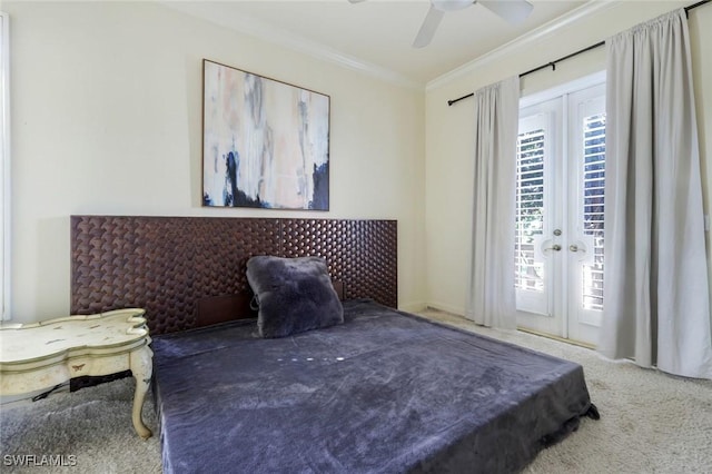 14581 Headwater Bay Ln, Fort Myers, FL 33908 - carpeted bedroom featuring crown molding, french doors, access to outside, and ceiling fan