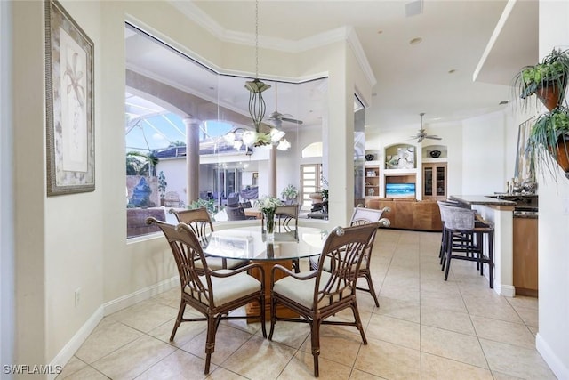 14581 Headwater Bay Ln, Fort Myers, FL 33908 - dining space featuring a ceiling fan, light tile patterned floors, ornamental molding, and decorative columns